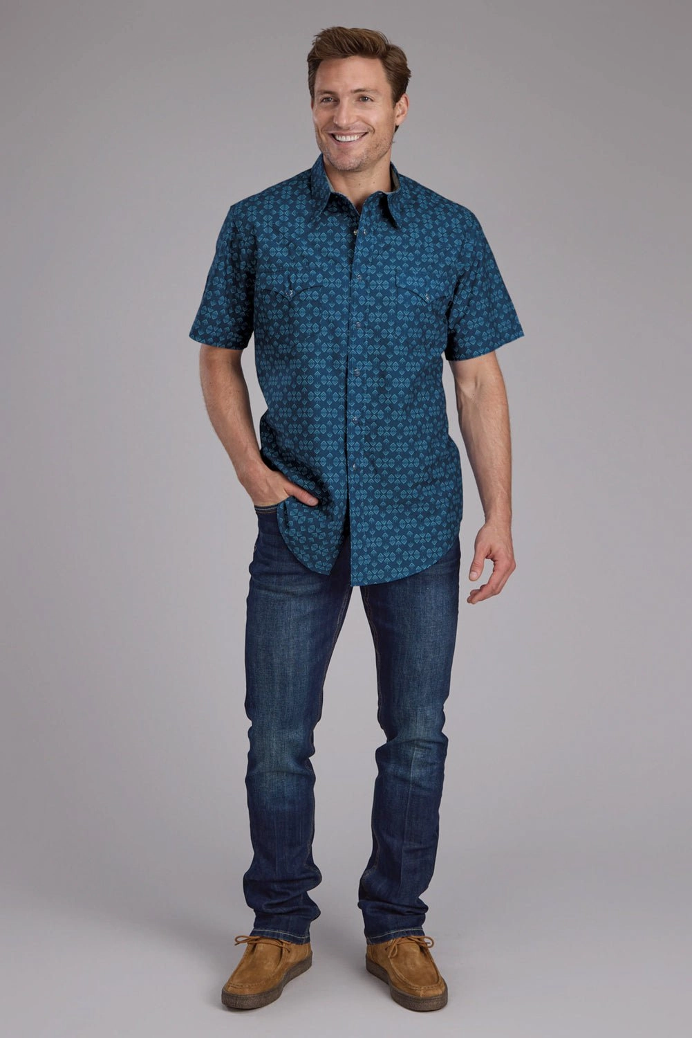 Rugged Style Functional Design Roper Mens 2350 Diamond Print Blue 100% Cotton S/S Shirt