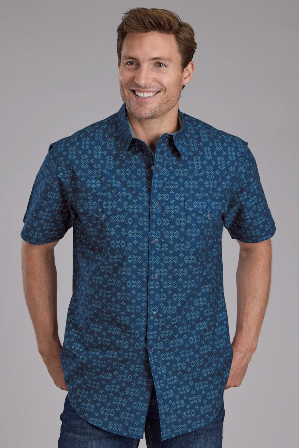 Weekend Adventure Preppy Vibe Roper Mens 2350 Diamond Print Blue 100% Cotton S/S Shirt