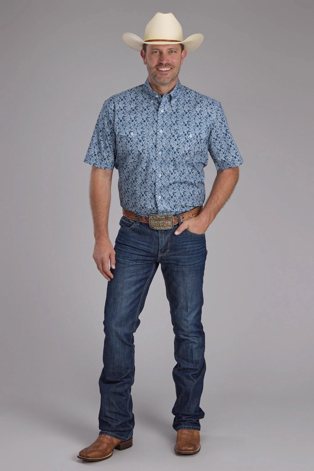 Flexible Placket Structure Roper Mens 2379 Prairie Paisley Blue 100% Cotton Btn S/S Shirt