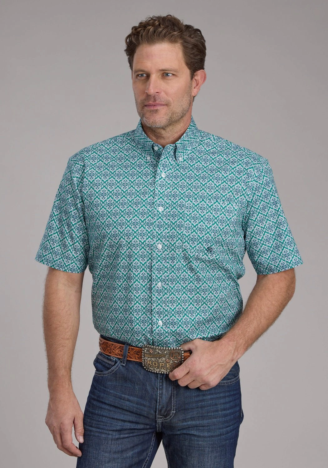 Business Meeting Versatile Outfit Roper Mens 2380 Jade Medallion Green 100% Cotton 1 Pkt S/S Shirt
