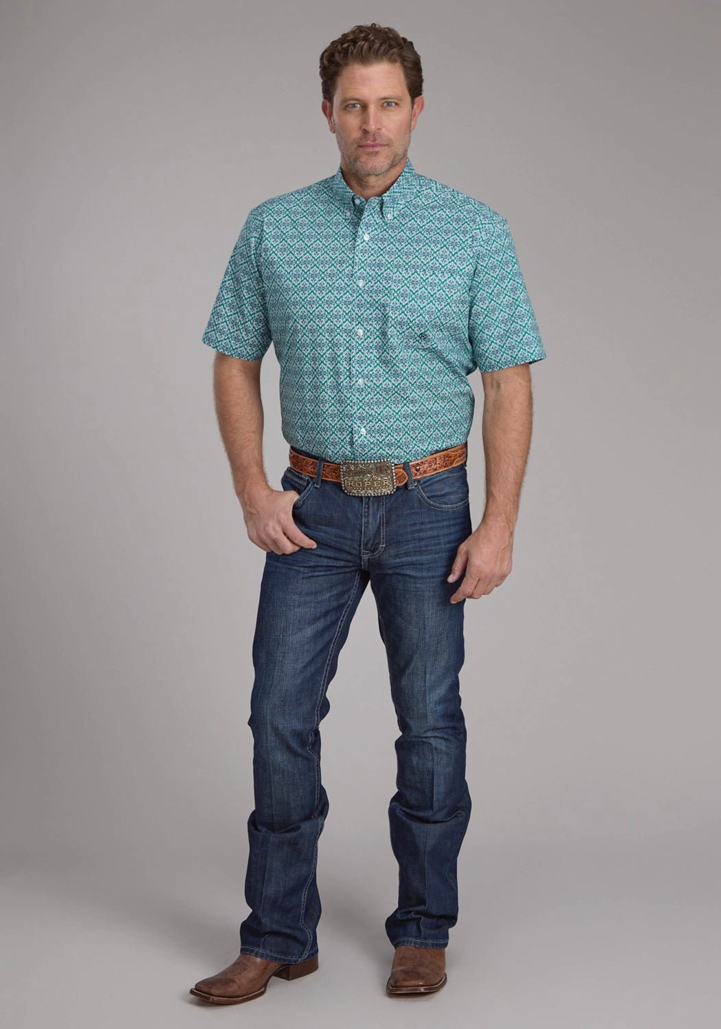 Compact Fold Design Trendy Fashion Roper Mens 2380 Jade Medallion Green 100% Cotton 1 Pkt S/S Shirt