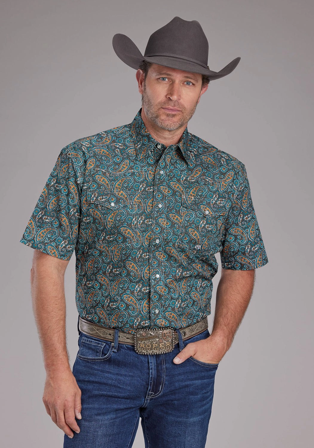 Roper Mens 2382 Dusk Paisley Blue 100% Cotton S/S Shirt elegant design Organic Cotton