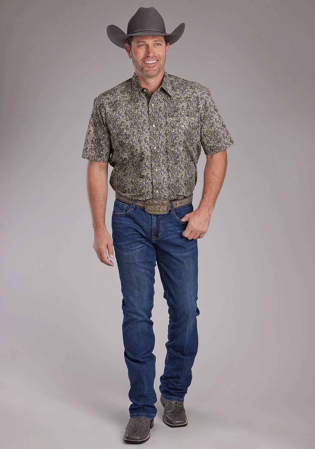 Vibrant Colors Wrinkle-Free Roper Mens 2383 Paisley Stone 100% Cotton S/S Shirt