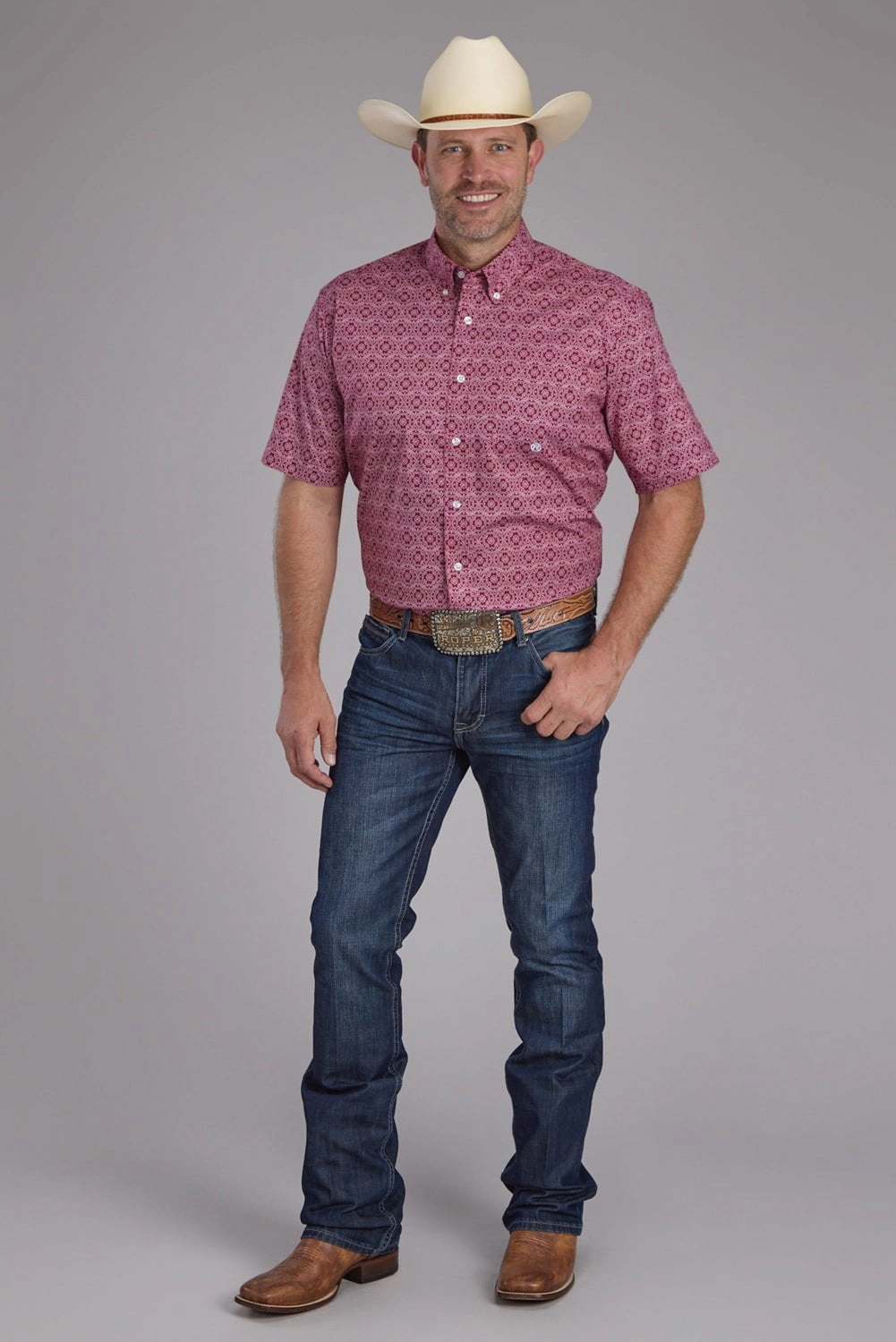 Comfort Stretch tailored look Roper Mens 2386 Medallion Paisley Red Cotton Blend 1 Pkt S/S Shirt