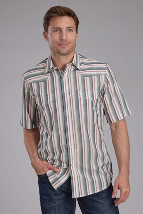 Seamless construction Subtle pattern Roper Mens 2403 Ombre Stripe Navy/White Cotton Blend S/S Shirt