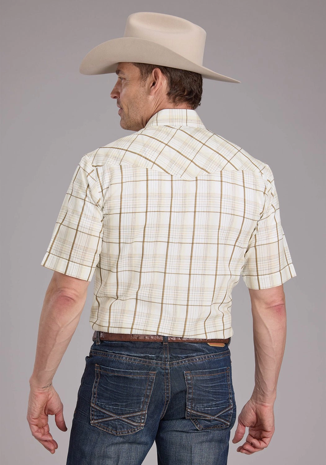 Versatile Clothing Roper Mens 2406 Neutral Plaid Tan Cotton Blend S/S Shirt