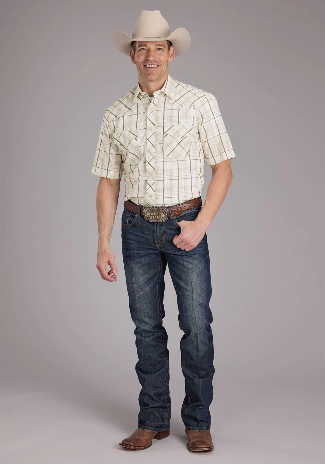 Sustainable Manufacturing Process Holiday Style Roper Mens 2406 Neutral Plaid Tan Cotton Blend S/S Shirt