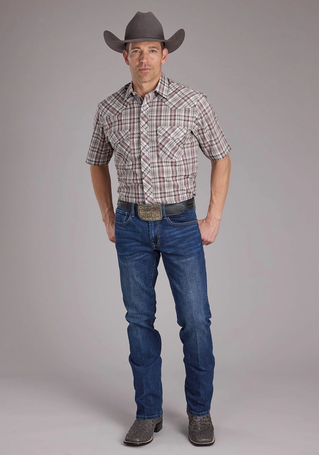 Mature appeal Roper Mens 2409 Plaid White/Grey Cotton Blend S/S Shirt