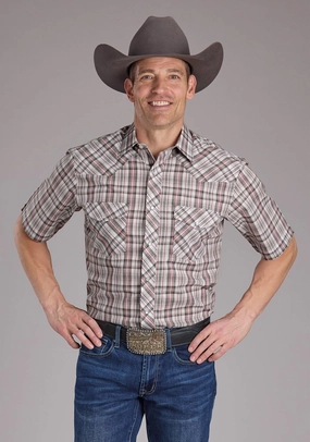 Soft Stretch Collar Roper Mens 2409 Plaid White/Grey Cotton Blend S/S Shirt