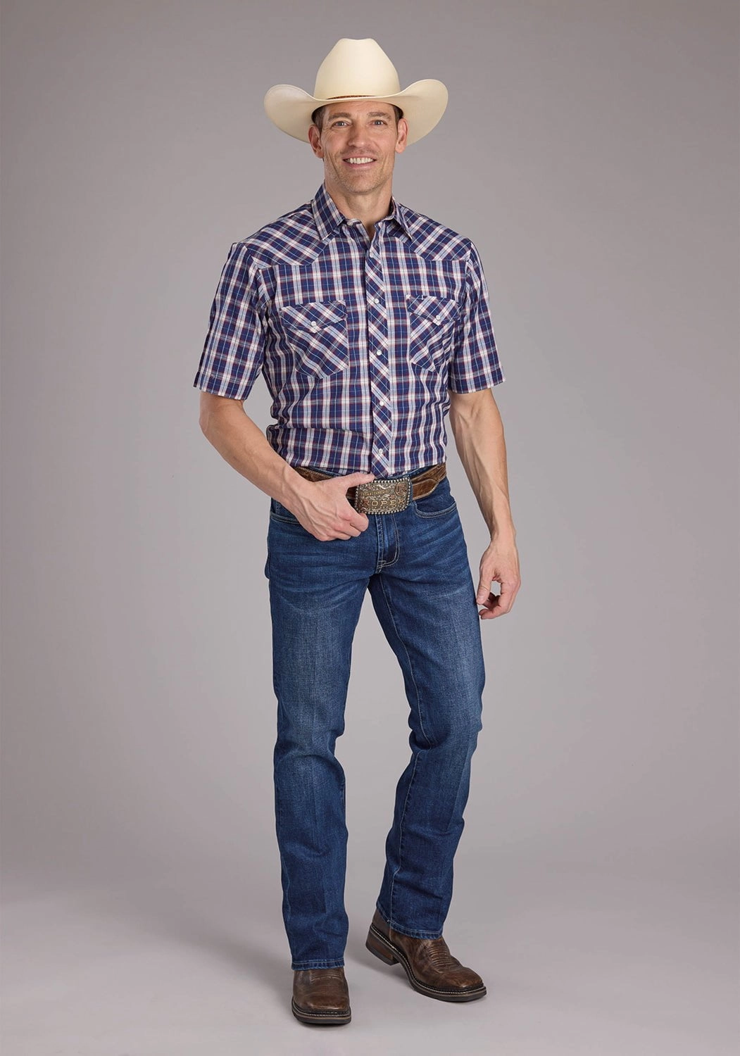 Roper Mens 2414 Multi Plaid Blue Cotton Blend S/S Shirt elegant design