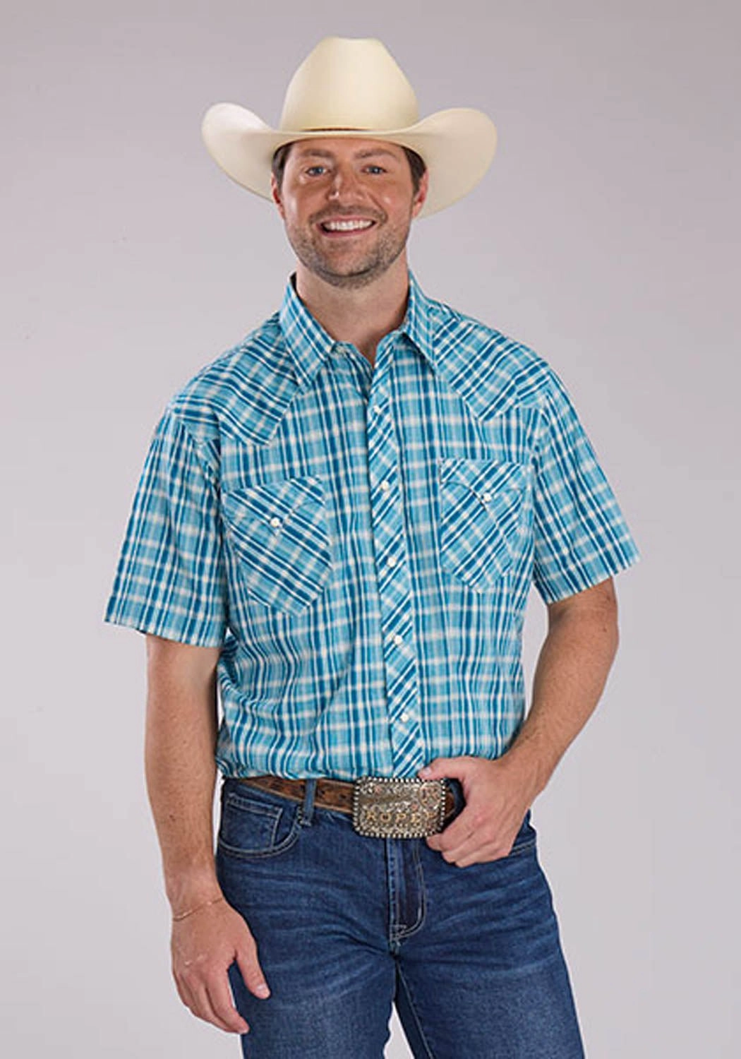 Roper Mens 2466 Ocean Dobby Blue 100% Cotton S/S Shirt Stretchable Material