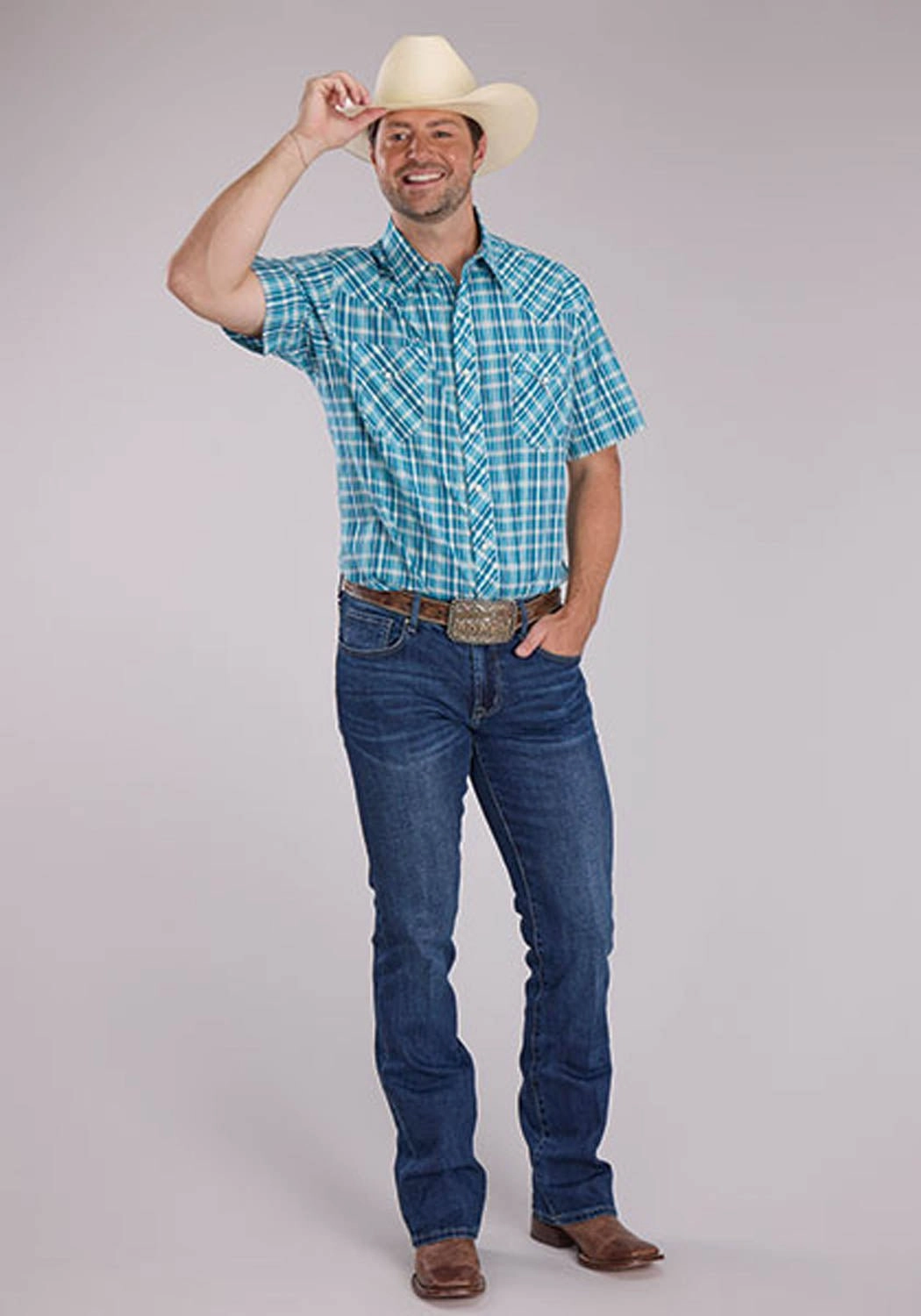 Roper Mens 2466 Ocean Dobby Blue 100% Cotton S/S Shirt Student Essential Layered Collar