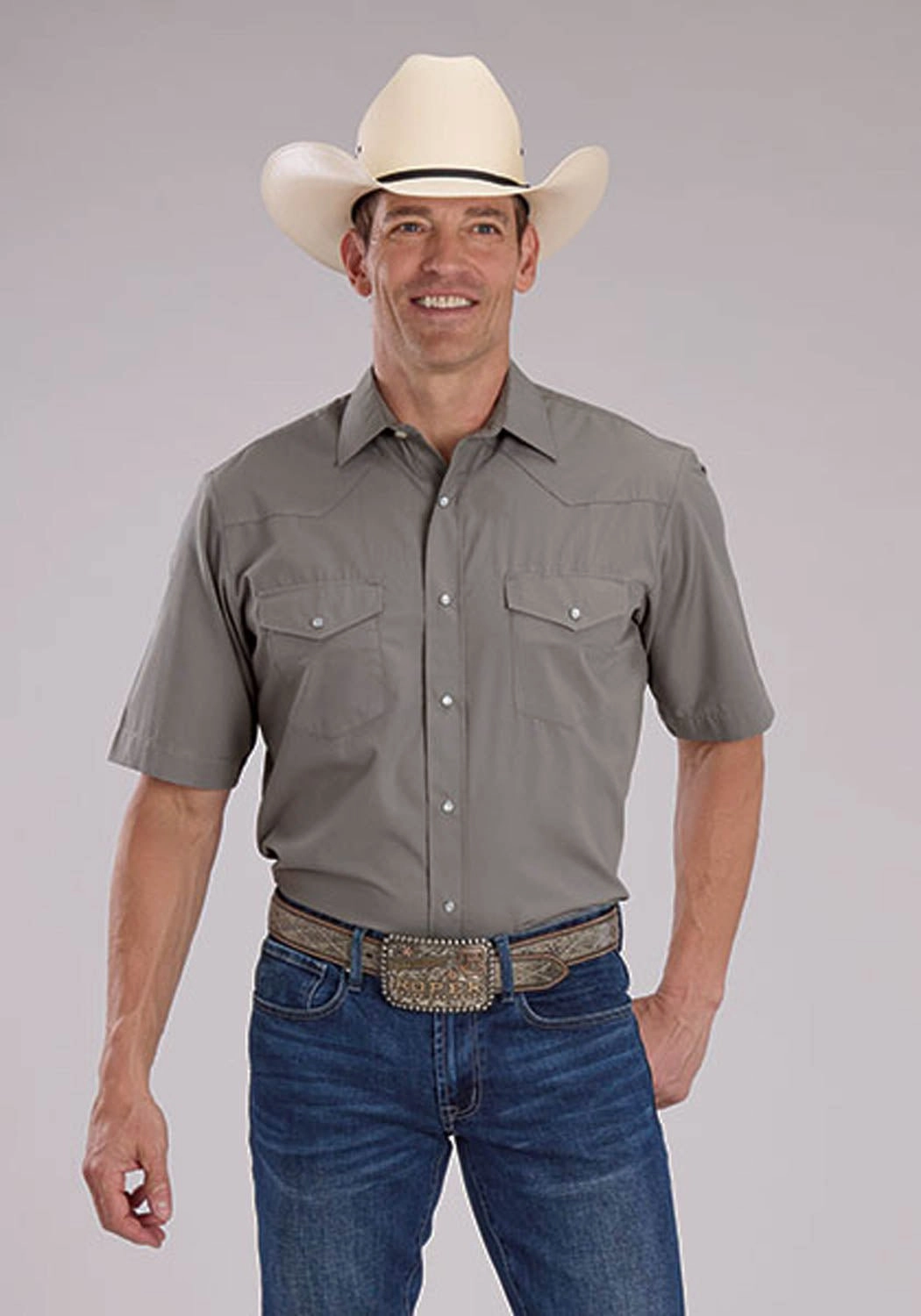 Roper Mens 2475 Solid Broadcloth Light Smokey Grey Cotton Blend S/S Shirt Versatile Outfit Cocktail Event