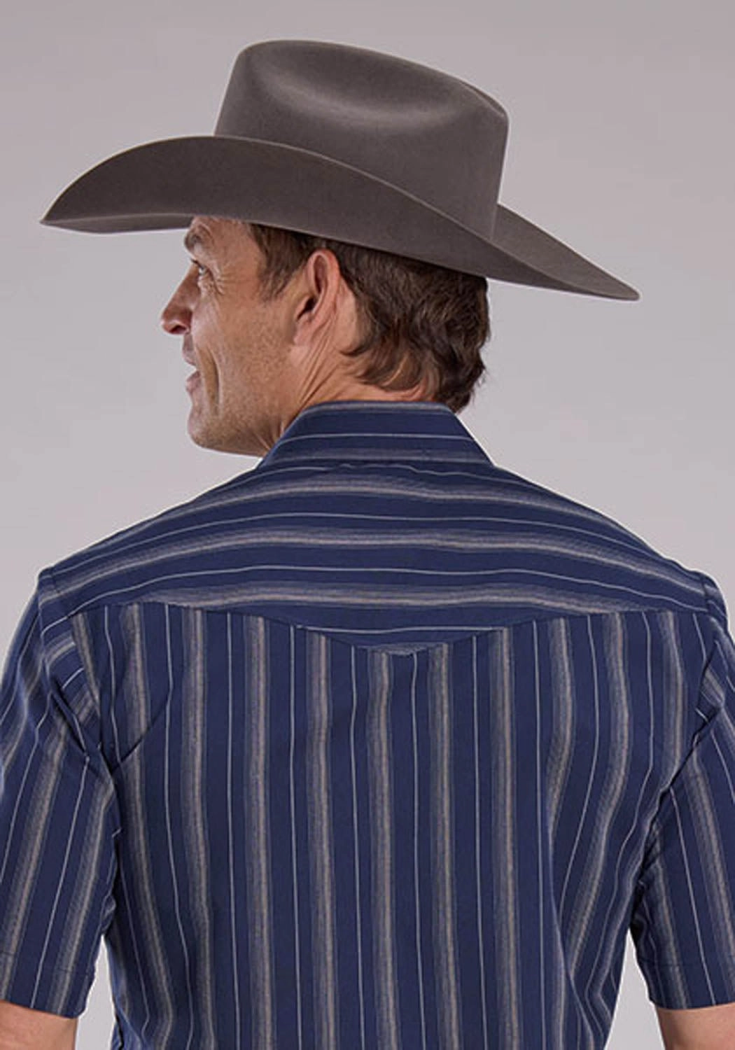 Easy Care Beach Ready Roper Mens 2477 Western Stripe Navy/Brown Cotton Blend S/S Shirt