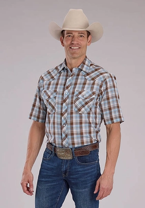 Fashion staples Stylish Design Roper Mens 2483 Western Plaid Cocoa/Sky Blue Cotton Blend S/S Shirt