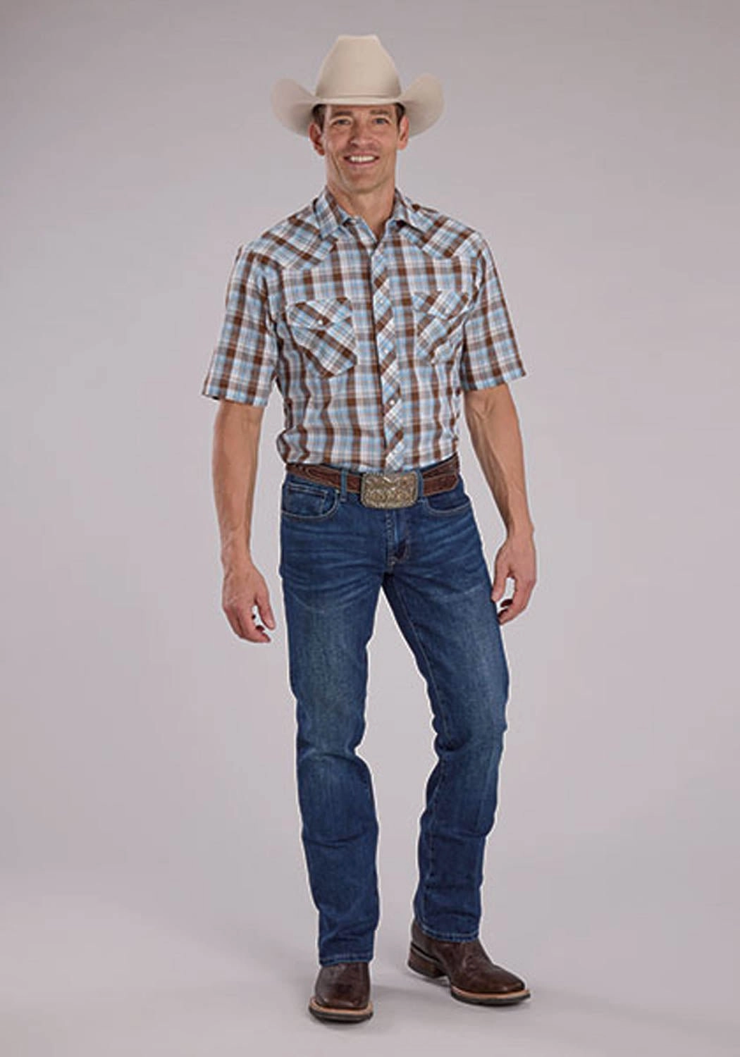 Smooth Stitch Pattern checkered pattern Roper Mens 2483 Western Plaid Cocoa/Sky Blue Cotton Blend S/S Shirt