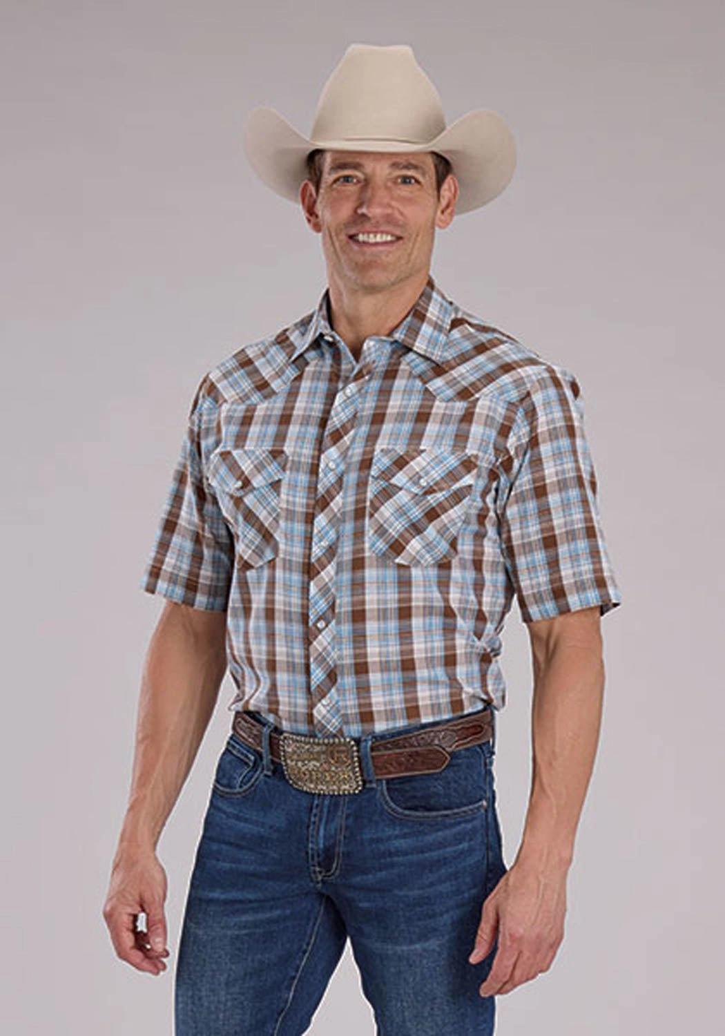 Easy Care Edgy Fashion Roper Mens 2483 Western Plaid Cocoa/Sky Blue Cotton Blend S/S Shirt