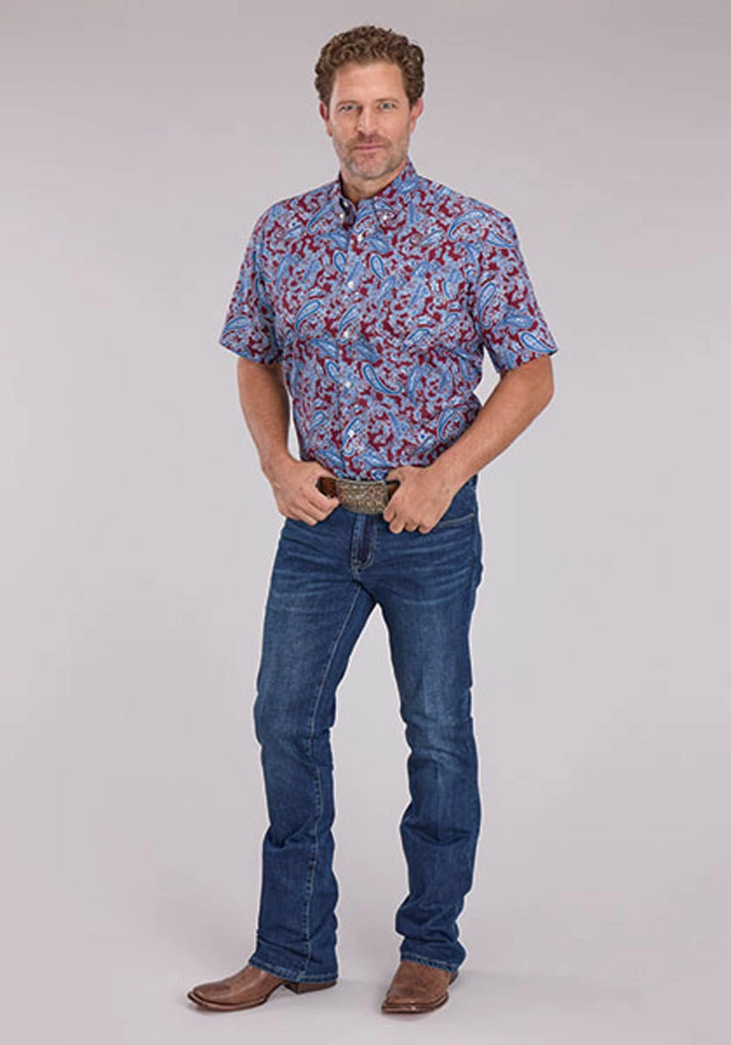 Roper Mens 2496 Heritage Paisley Wine/Blue 100% Cotton 1 Pkt S/S Shirt Quick Release Cuffs