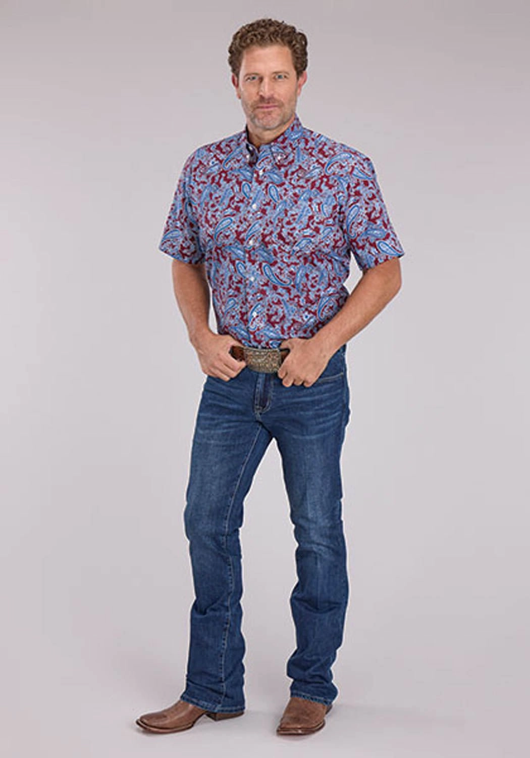 Roper Mens 2496 Heritage Paisley Wine/Blue 100% Cotton 1 Pkt S/S Shirt Earthy Hue