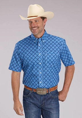 Indoor Comfort Embroidered Logo Roper Mens 2497 Ribbon Medallion Blue 100% Cotton 1 Pkt S/S Shirt