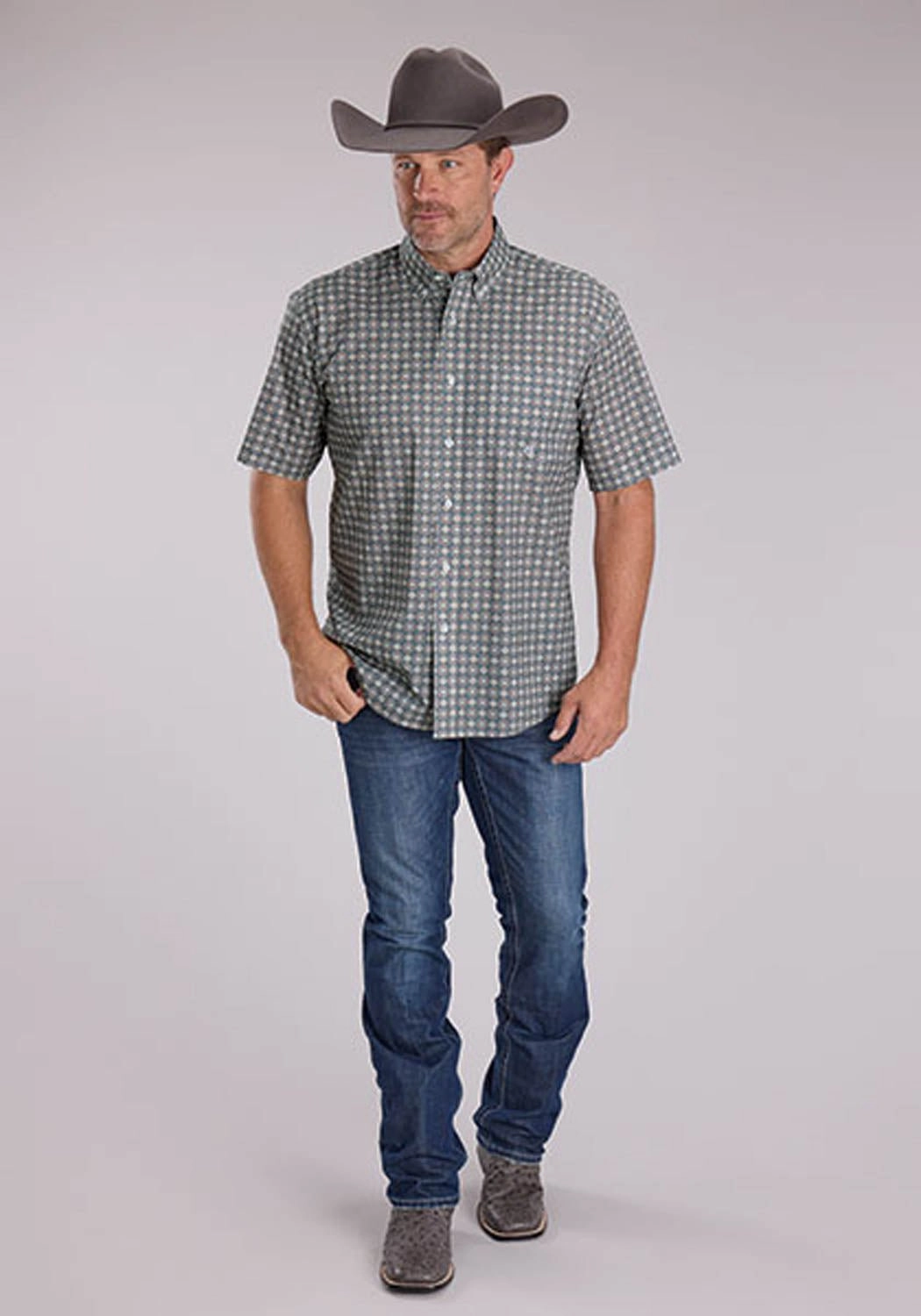 Roper Mens 2501 Medallion Foulard Grey 100% Cotton 1 Pkt S/S Shirt Minimalist Style