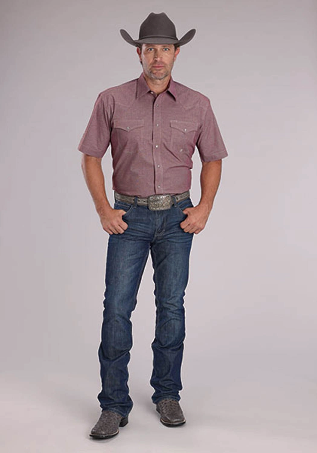 Holiday Gift Oversized style Roper Mens 2510 Stretch Mini Check Wine Cotton Blend S/S Shirt