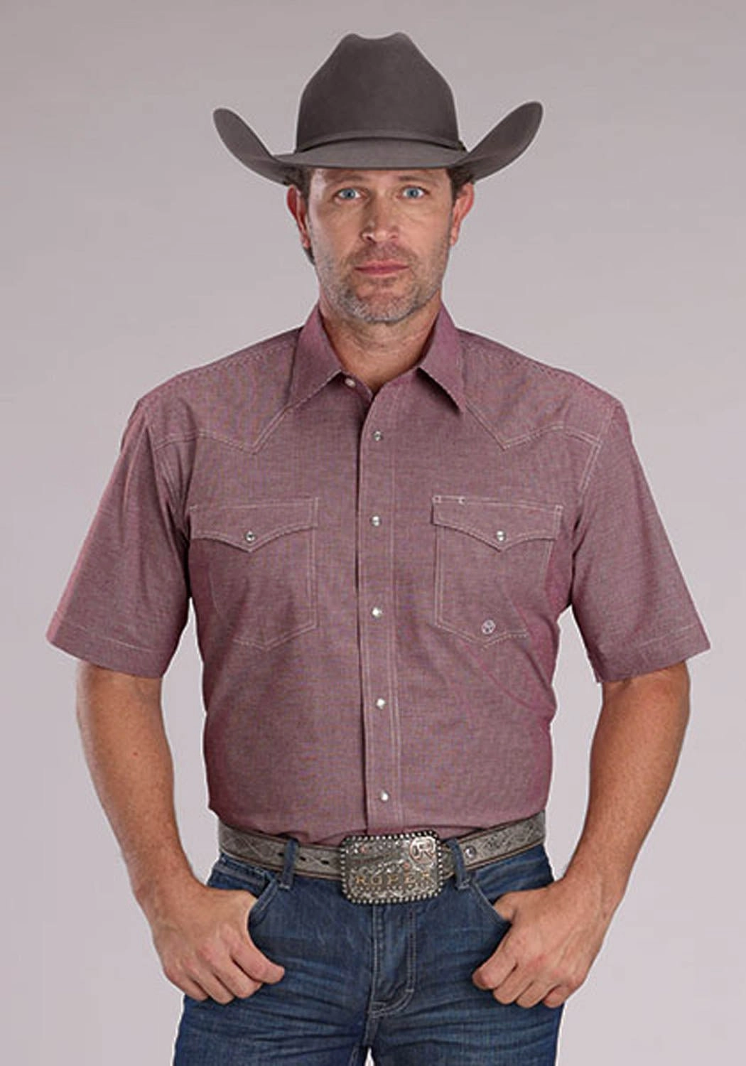 Soft Texture Smart Look Roper Mens 2510 Stretch Mini Check Wine Cotton Blend S/S Shirt