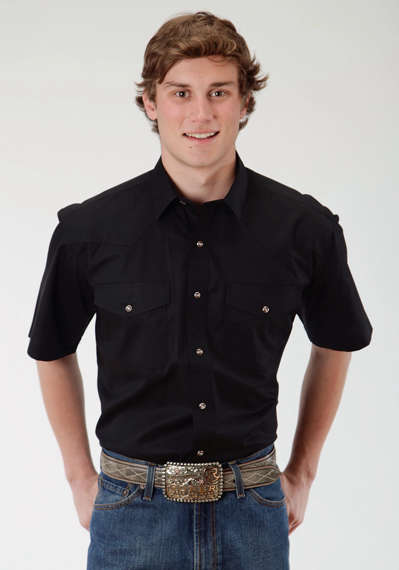 Modern Fit Roper Mens Black 100% Cotton S/S Shirt