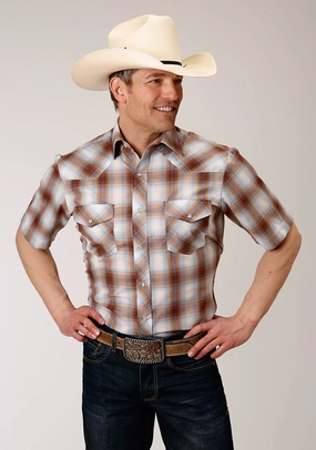 Roper Mens Butterscotch Cotton Blend 55/45 Plaid S/S Shirt Wrinkle Resistant stain resistant coating