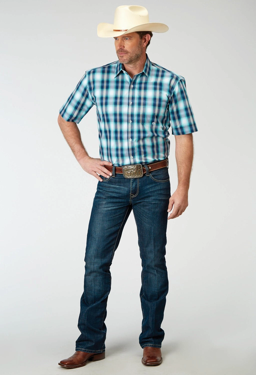 Roper Mens Cool Breeze Plaid Blue 100% Cotton S/S Shirt Holiday Outfit