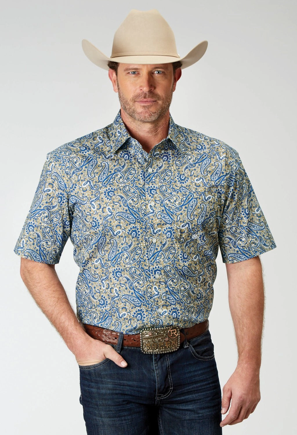 Reinforced Hems Roper Mens Delft Paisley Blue 100% Cotton S/S Shirt