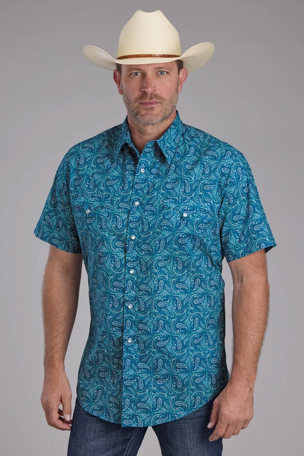 Roper Mens Denim Paisley Print Blue 100% Cotton S/S Shirt Fashionable Pick Metallic Finish