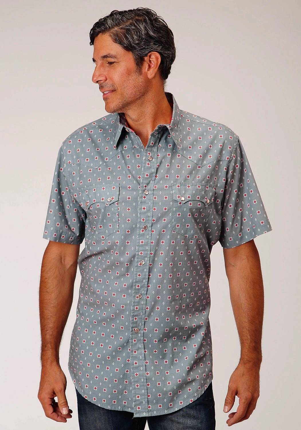 Classic Appeal Anti Pill Treatment Roper Mens Grey 100% Cotton Vintage Foulard S/S Shirt