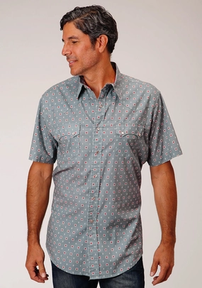 Classic Appeal Anti Pill Treatment Roper Mens Grey 100% Cotton Vintage Foulard S/S Shirt