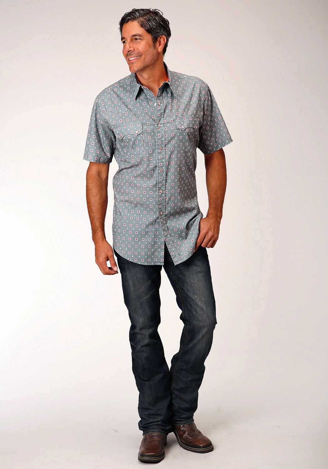 Checkered Style UV Protection Roper Mens Grey 100% Cotton Vintage Foulard S/S Shirt