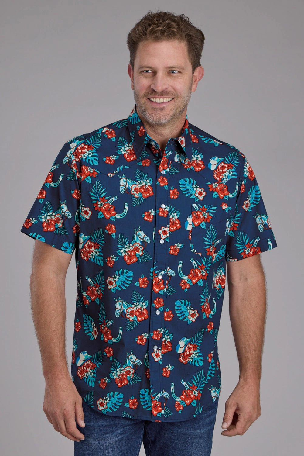 Roper Mens Hawaiian Print Blue 100% Cotton S/S Shirt Abrasion resistant Designer Look