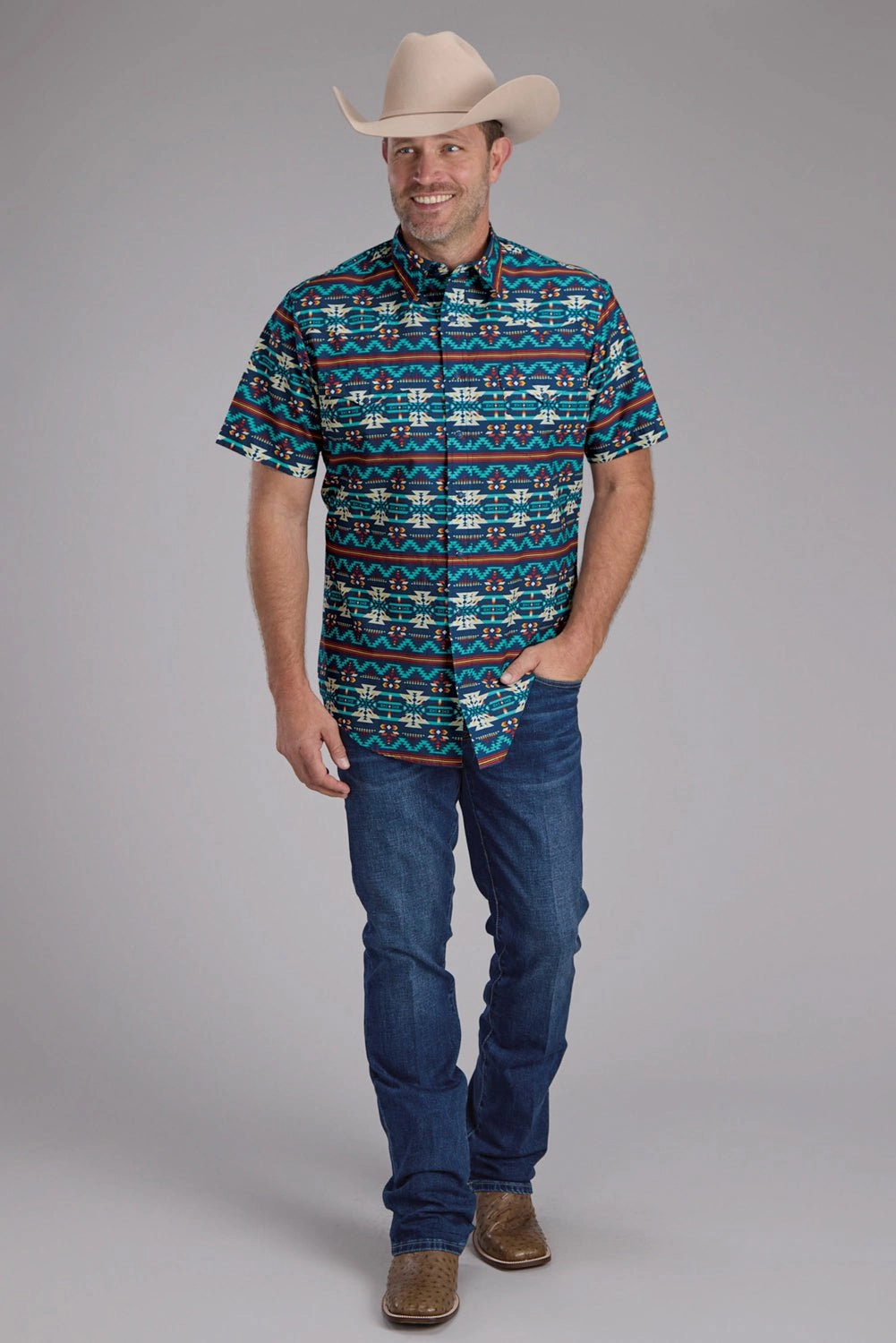 Roper Mens Horizontal Navajo Aztec Blue/Red 100% Cotton S/S Shirt First Date Modern Fit