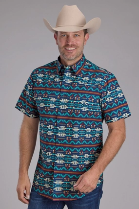 Eco Friendly Production Roper Mens Horizontal Navajo Aztec Blue/Red 100% Cotton S/S Shirt