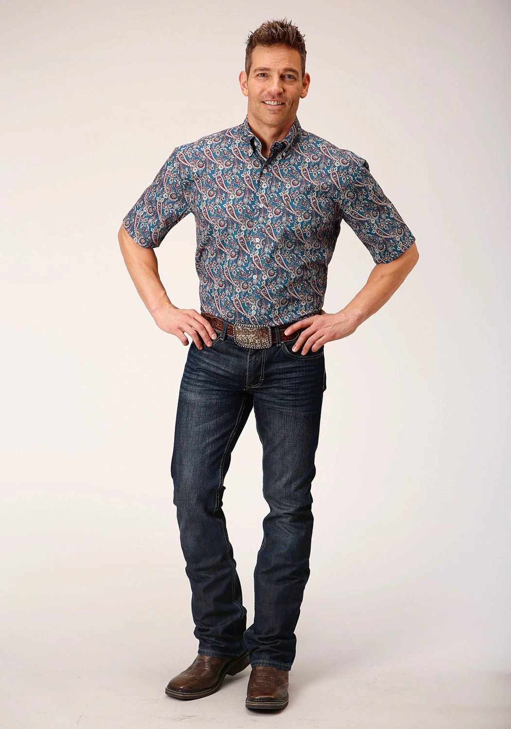 Youth fashion Soft Collar Design Roper Mens Independence Foulard Blue 100% Cotton S/S Shirt