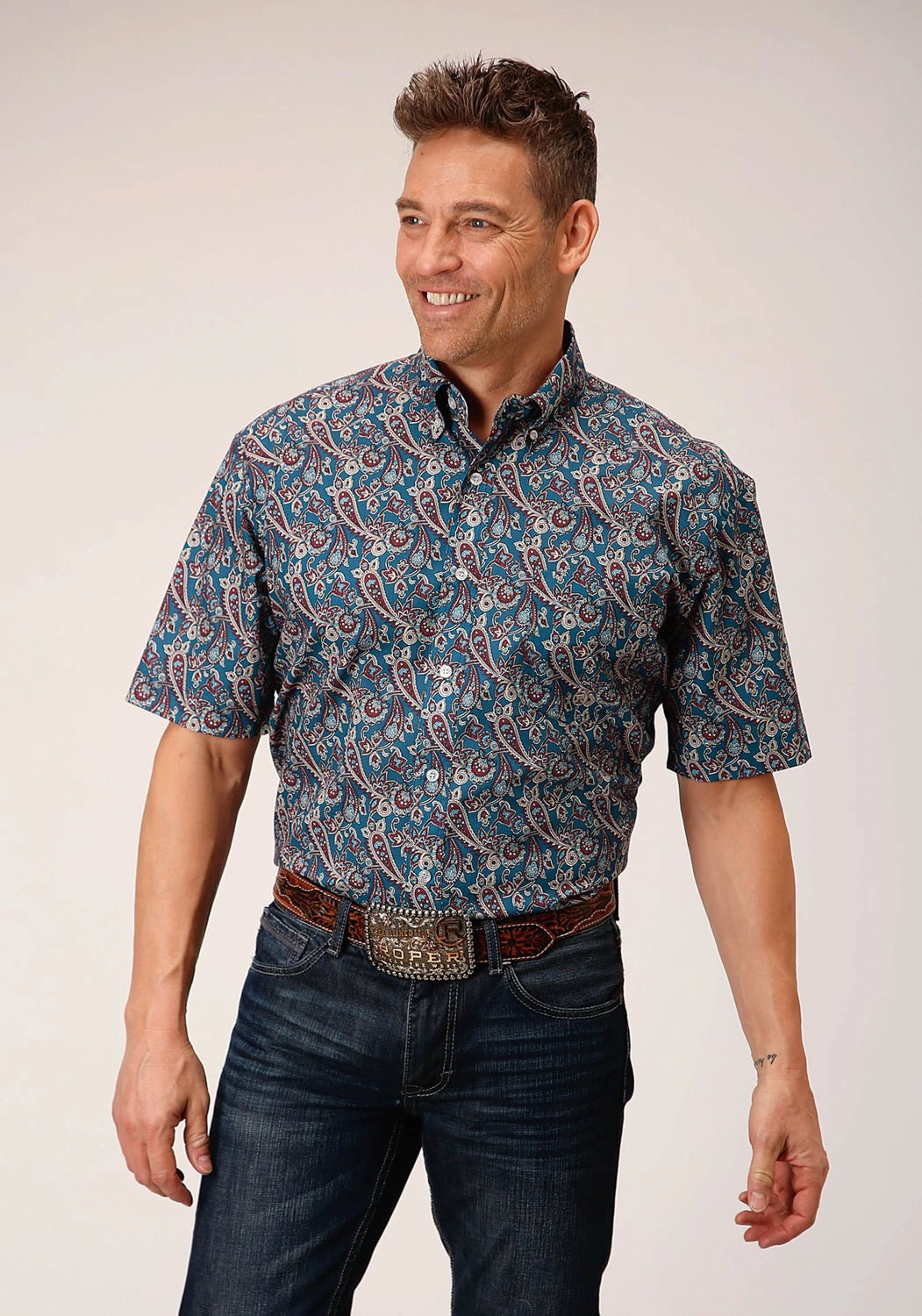 Flatlock stitching Polka Dot Roper Mens Independence Foulard Blue 100% Cotton S/S Shirt