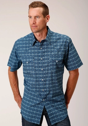 Roper Mens Mini Aztec Blue 100% Cotton S/S Shirt Breathable Layer