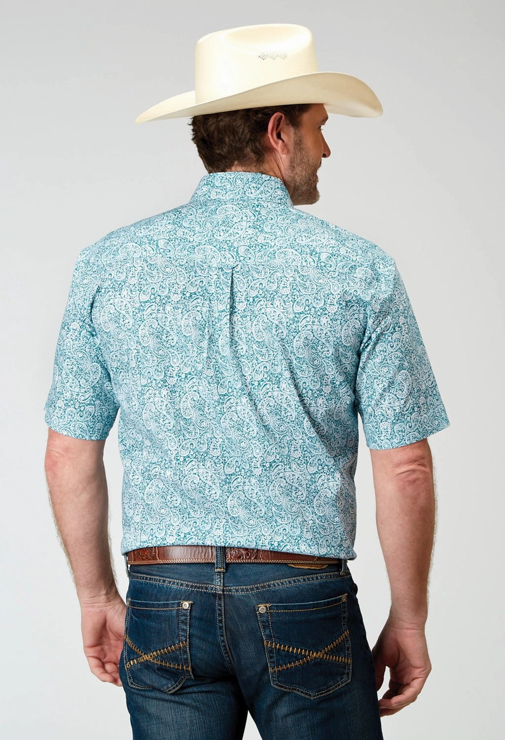 Roper Mens Poplin Paisley Teal Cotton Blend S/S Shirt Designer Touch Anti Static Fabric