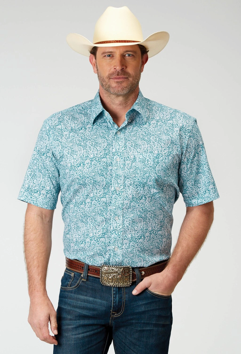 Roper Mens Poplin Paisley Teal Cotton Blend S/S Shirt Tailored Fit Ergonomic Sleeve Cut
