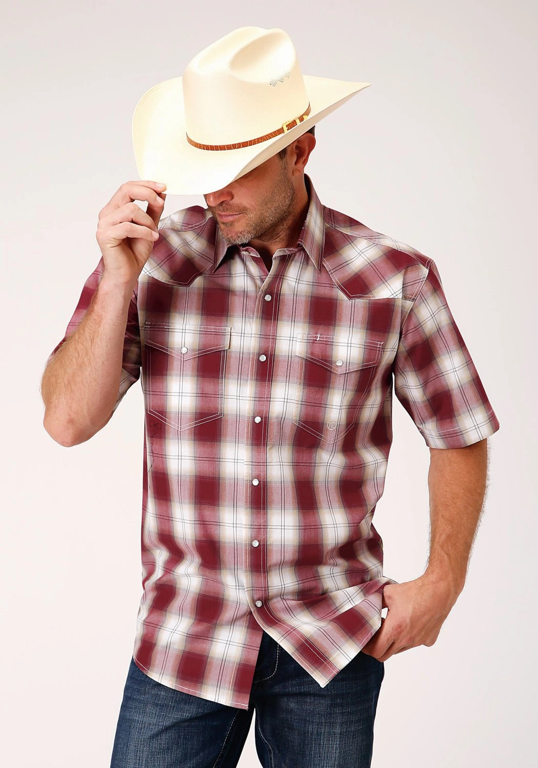 Roper Mens Red 100% Cotton Ombre S/S Tall Snap Shirt Recycled Polyester Blend