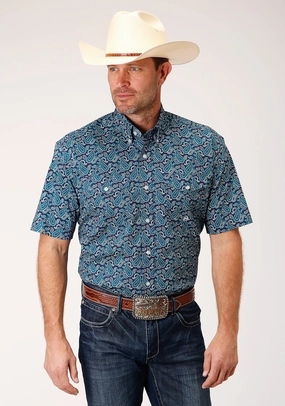 Odorless Binding Tape tailored look Roper Mens Teal 100% Cotton Purple Sage Paisley S/S Shirt