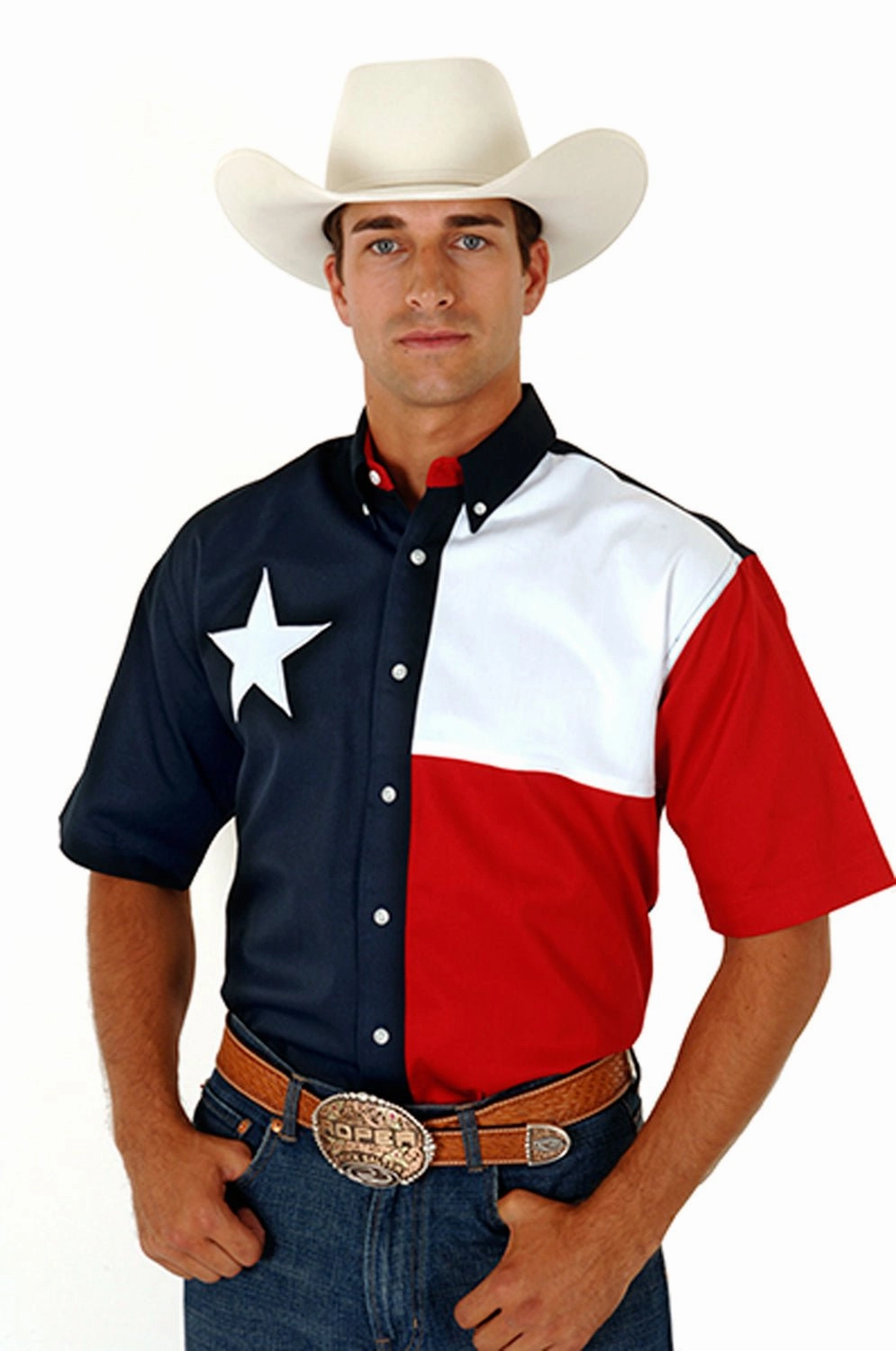 Warm Layers Roper Mens Texas Star Flag Navy/White 100% Cotton Btn S/S Shirt