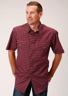 Roper Mens Texture Diamond Red 100% Cotton S/S Shirt Double Stitched Hems