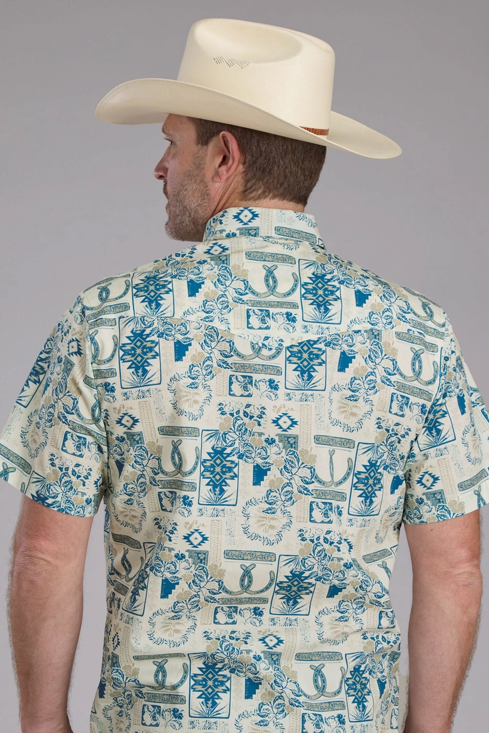 Roper Mens Tropical Resort Print Brown/Blue 100% Cotton S/S Shirt Ultra Soft Interior Fitted Design