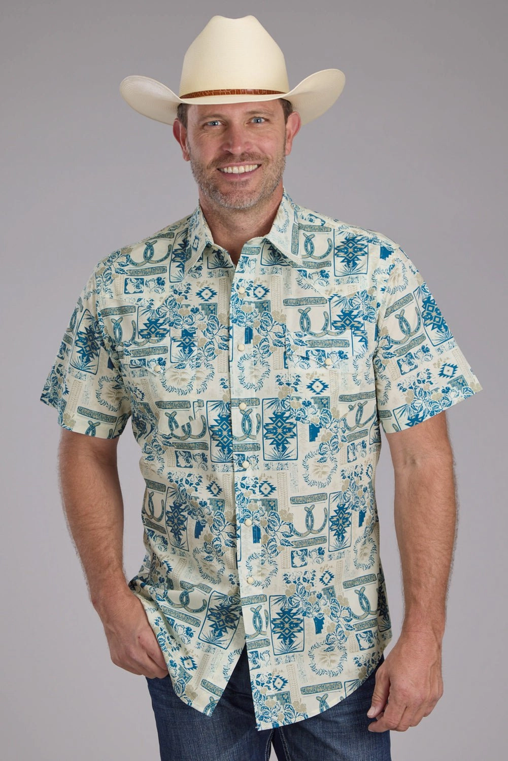 Roper Mens Tropical Resort Print Brown/Blue 100% Cotton S/S Shirt Non Restrictive Armhole