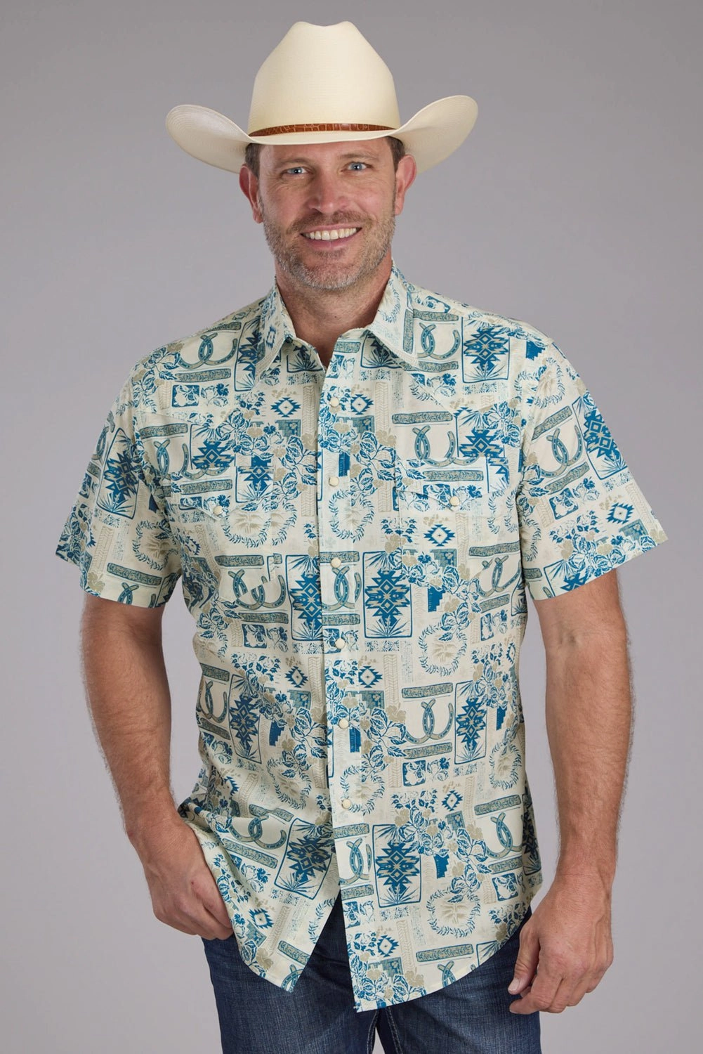 Tropical theme Versatile Piece Roper Mens Tropical Resort Print Brown/Blue 100% Cotton S/S Shirt